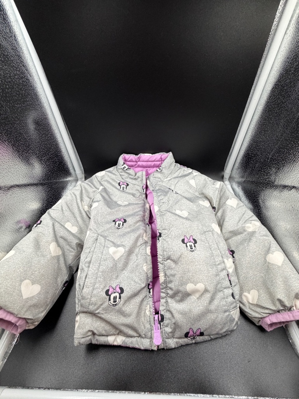 Gap Baby Girls 3T Disney Minnie Mouse Reversible Puffer Jacket Pink Gray Hearts